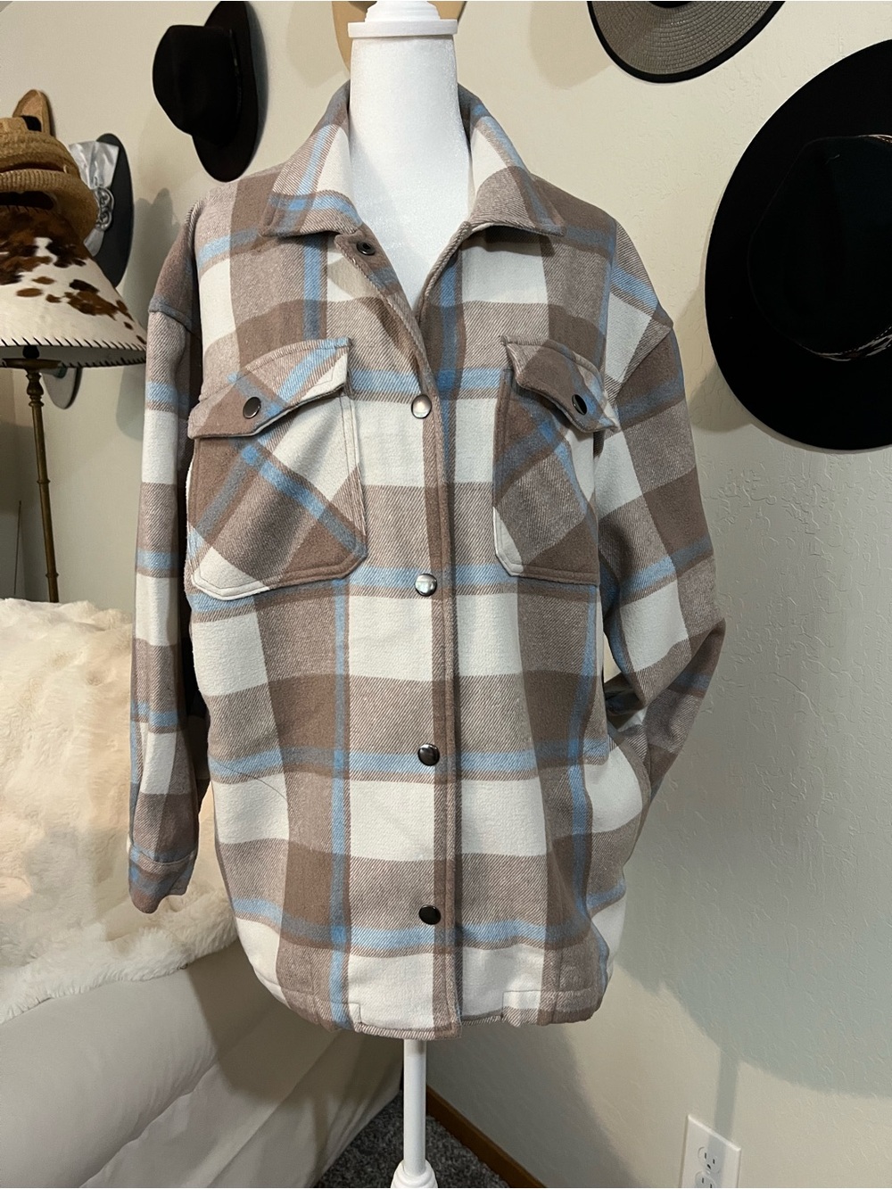 HFX - Plaid Button-Front Shacket Jacket - Blue, Taupe & Cream Oversized Small